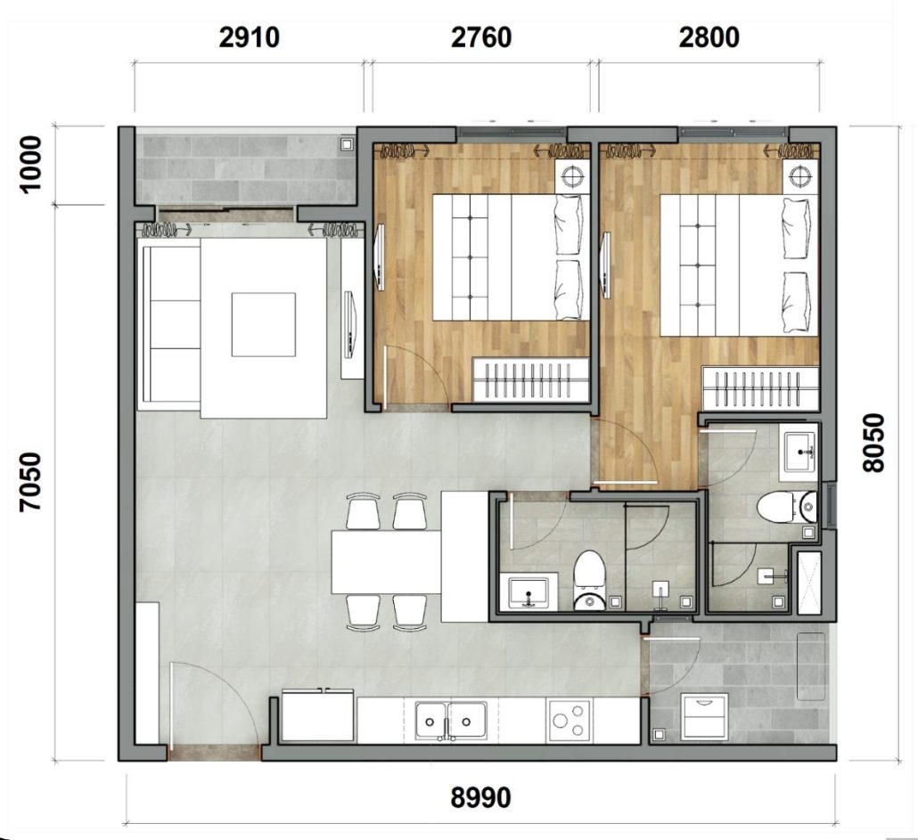 Thiết kế căn 2 PN k-home apartment
